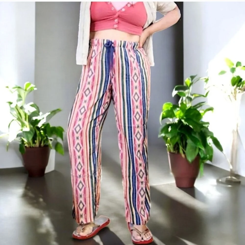 Coldwater Creek Southwest Terra Stripe Rayon Pants Wide Leg Multicolor Pockets L